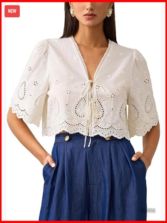 Tops - Short Sleeve Eyelet Blouse Tie Front Puff Sleeve V Neck Cropped Top